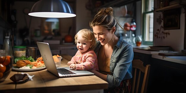 Jovem mãe e criança aproveitando o tempo com a família com laptop em uma cozinha aconchegante à noite, parentalidade moderna AI