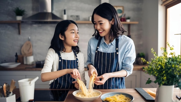 Jovem mãe e filha asiáticas japonesas a cozinhar em casa.