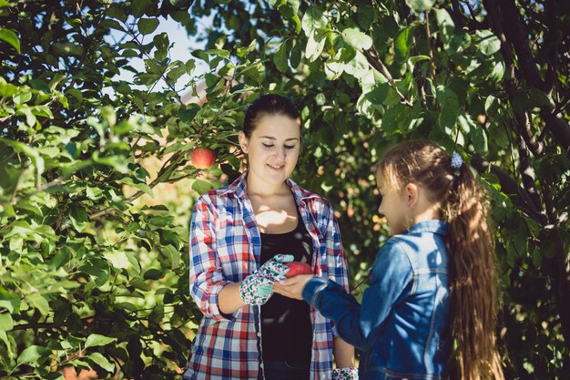 Jovem mãe e filha fazendo jardinagem em um dia ensolarado de verão