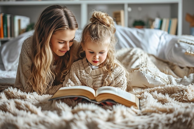 jovem mãe e filha lendo um livro em um quarto moderno e brilhante