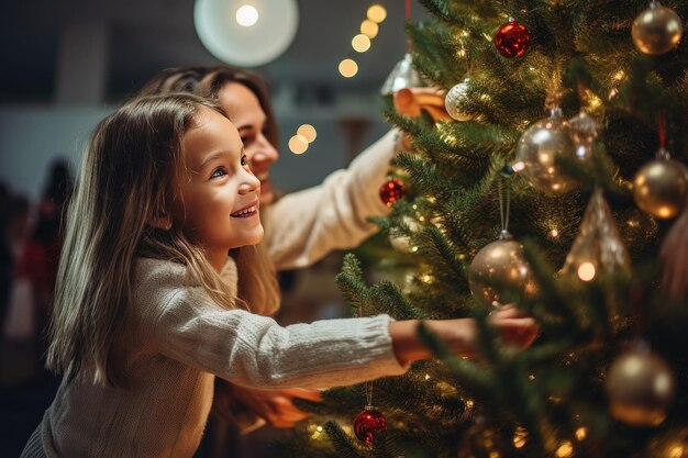 Jovem mãe e filha perto da árvore de Natal