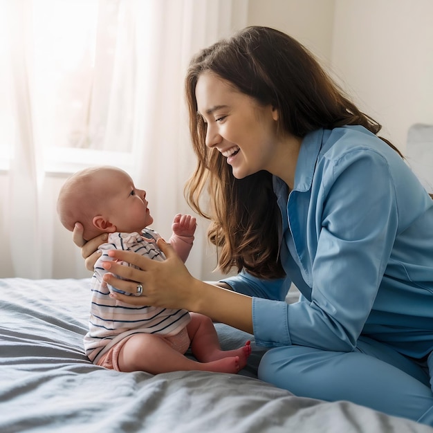 Jovem mãe feliz em pijama e seu bebê recém-nascido sentado na cama pela manhã sorrindo jogando toge