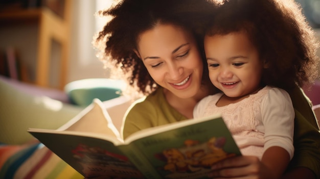 Foto jovem mãe lendo um livro para os pais da filha se relacionando e aprendendo com a criança