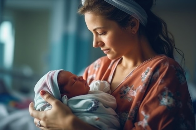 Jovem mãe segurando seu bebê recém-nascido em seus braços IA generativa