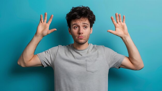 Jovem masculino mostrando um gesto impotente em camiseta cinzenta e parecendo confuso