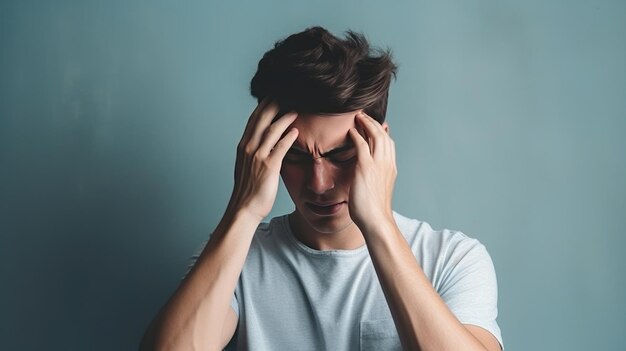 Foto jovem masculino segurando a cabeça em fundo escuro dor de cabeça e cansaço estado deprimente má saúde e sintomas de resfriado