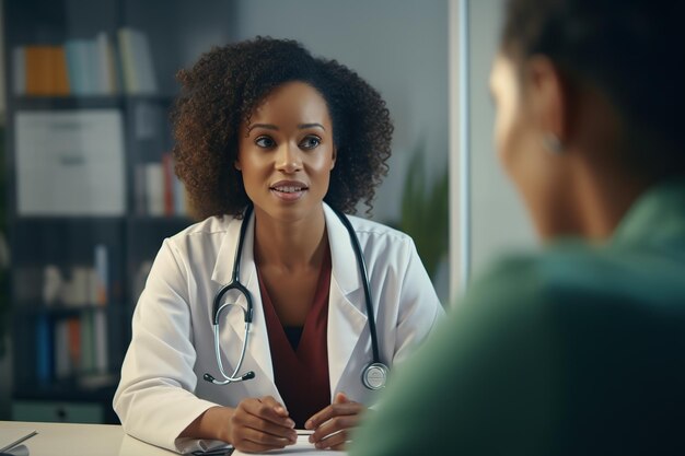 Jovem médica afro-americana falando com um paciente em um hospital