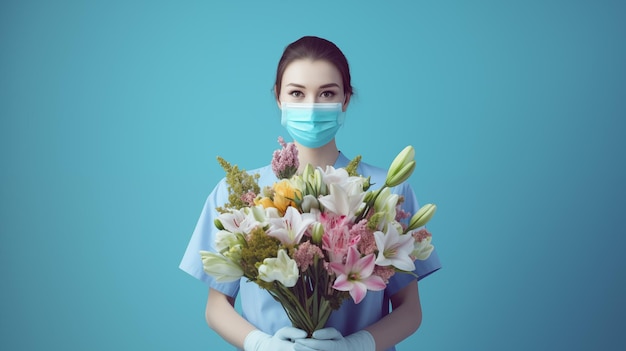 Jovem médica com um buquê de flores em fundo azul