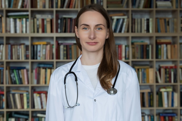 Jovem médica em uma biblioteca sorrindo feliz conceito de assistência médica e bem-estar