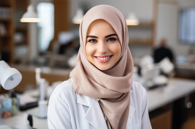 Foto jovem médica muçulmana feliz ou outro especialista médico em hijab e casaco branco fazendo anotações em documentos em seu local de trabalho