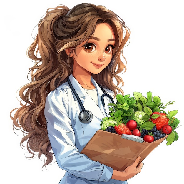 Jovem médica segurando uma caixa de frutas e legumes frescos conceito de alimentação saudável