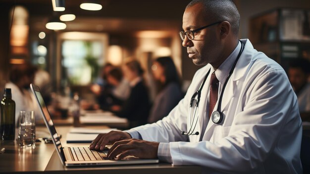 jovem médico com laptop no escritório