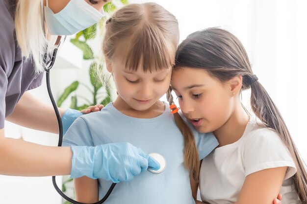 jovem médico com paciente menina sentindo má inspeção médica com estetoscópio.