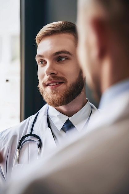 Jovem médico de casaco branco atende um paciente