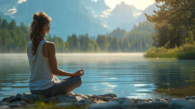 Jovem meditando à beira do lago