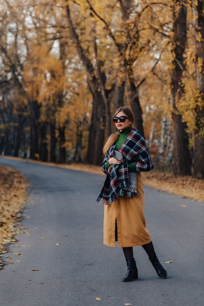 Jovem menina elegante acolhedor caminhar no parque outono colorido