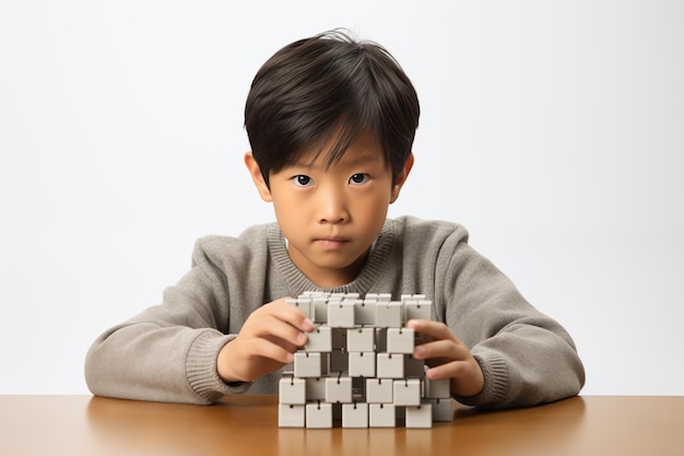 Foto jovem menino asiático com quebra-cabeça de madeira conceito de saúde mental infantil transtorno do espectro do autismo conceito de conscientização educação em fundo branco espaço de cópia