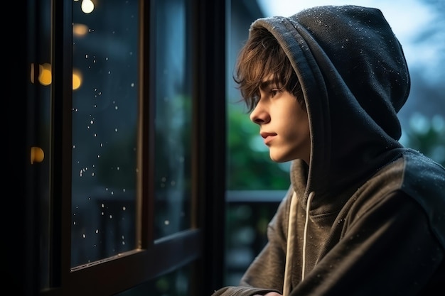 Foto jovem menino de capuz olhando por uma janela chuvosa contemplativo e mal-humorado