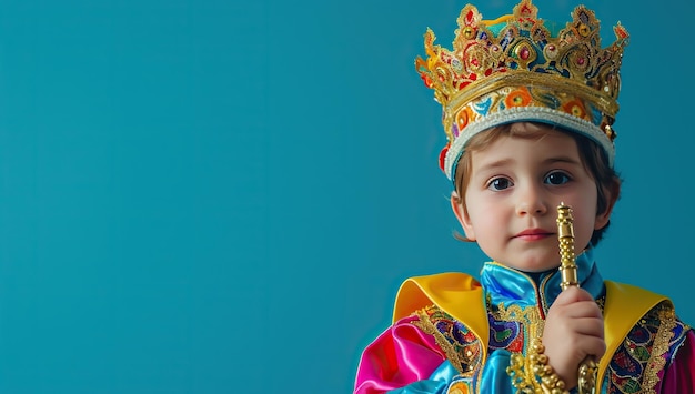 Jovem menino em trajes reais e coroa contra um fundo azul o conceito de sonhos de infância