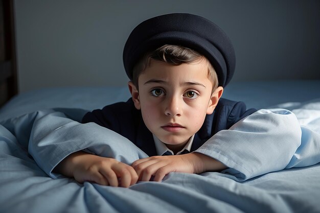 Foto jovem menino judeu hassídico em jerusalém momento de contemplação