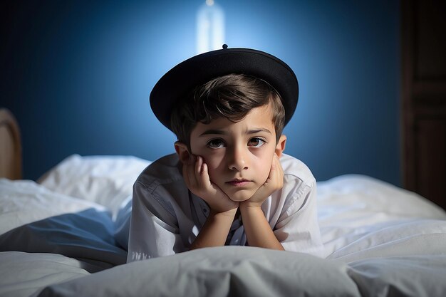 Foto jovem menino judeu hassídico em jerusalém momento de contemplação