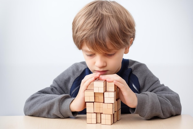 Jovem menino loiro caucasiano com quebra-cabeça de madeira conceito de saúde mental infantil transtorno do espectro do autismo conceito de conscientização educação espaço de cópia de fundo interior