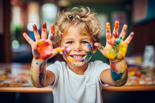 Jovem menino usando tintas coloridas nas mãos