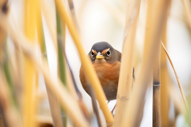 Foto jovem merlo escondido num mato de juncos