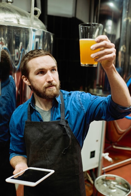 Jovem mestre cervejeiro barbudo segurando copo de cerveja e avaliando suas características visuais durante trabalho na fábrica de cerveja