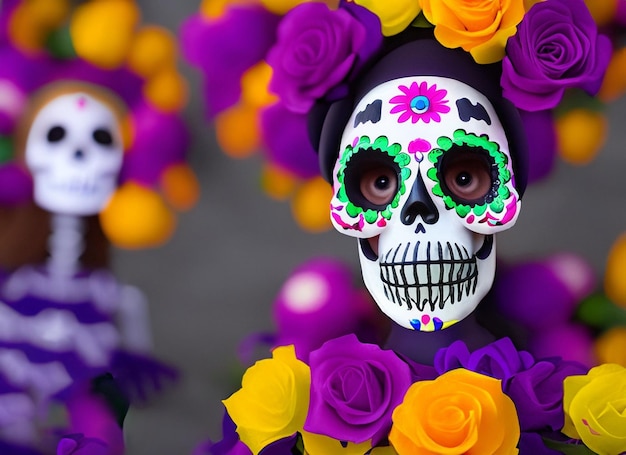 Jovem mexicana com pintura facial de caveira de açúcar para o dia do festival de rua morta