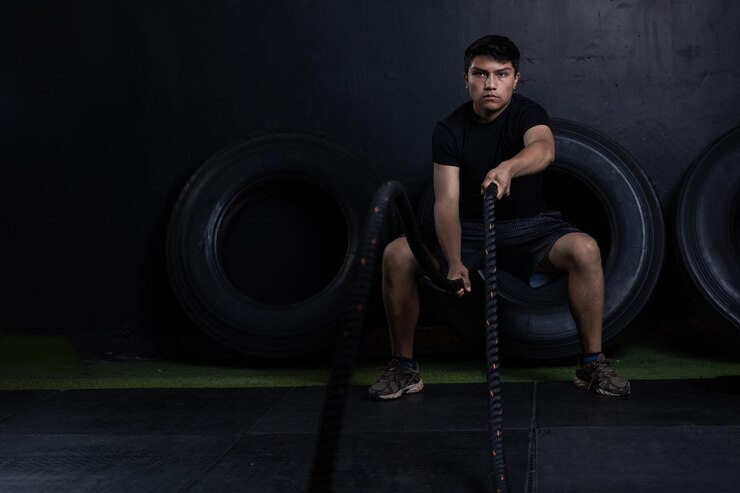 Jovem mexicano com cordas se exercitando fisicamente no ginásio de cross-fit