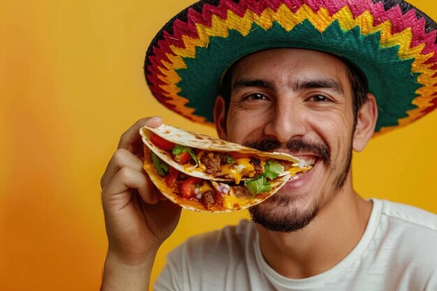 Foto jovem mexicano com um chapéu sombrero comendo uma deliciosa quesadilla em fundo colorido com espaço para texto