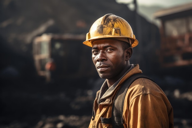 Jovem mineiro africano do sexo masculino usando proteção em mina de carvão ou mineração