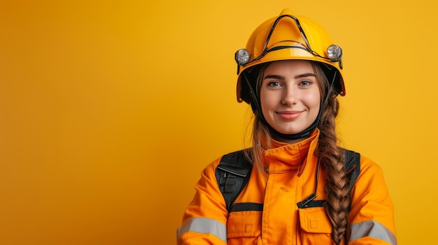 Jovem mineiro com um sorriso brilhante em um capacete de segurança amarelo e trajes de trabalho laranja de alta visibilidade