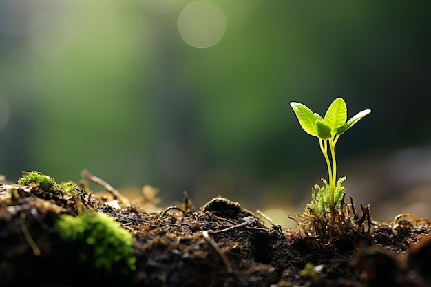 Jovem minúsculo broto verde Promessa da natureza no fundo do solo Cativando crescimento e vitalidade Vida emergente em meio à tela da Terra Generative Ai