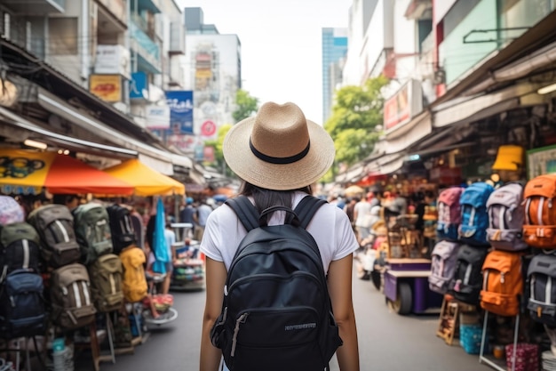 Jovem mochileiro viajante asiático no mercado ao ar livre de Khaosan Road em Bangkok Tailândia