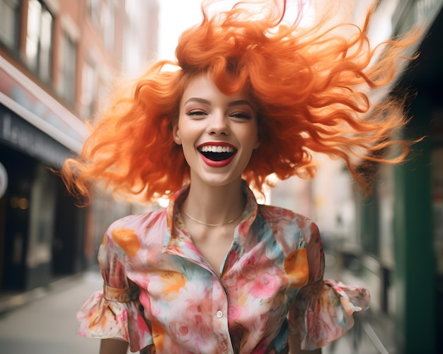 Jovem modelo alegre e vibrante de cabelos ruivos cacheados no HighFashion Ensemble