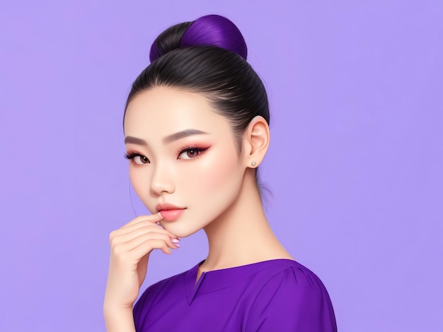 jovem modelo de beleza asiática coloca cabelo coque com maquiagem natural no rosto e limpeza perfeita