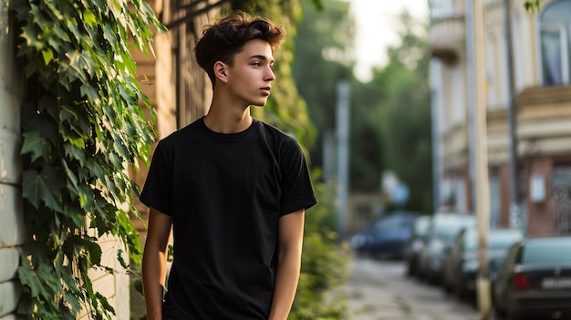 Jovem modelo de camisa mockup menino vestindo camisa preta na rua à luz do dia