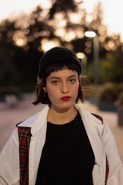 Jovem modelo feminina posando para uma sessão de fotos de moda ao ar livre à luz do dia