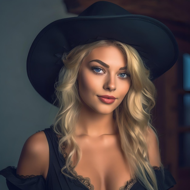 Jovem modelo loira usando um chapéu de cowboy