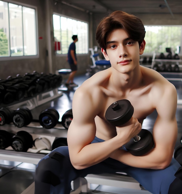 Jovem modelo masculino asiático com um sorriso brilhante boa figura um fundo de exercício no ginásio gerar AI
