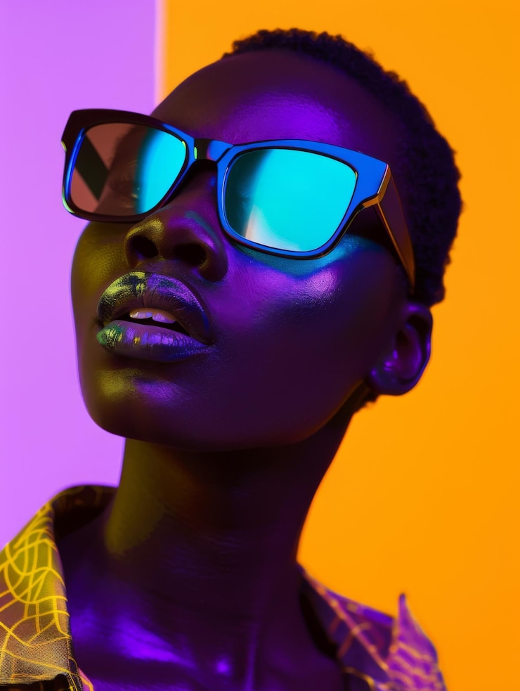 Foto jovem modelo negra com óculos de sol em estilo editorial de moda