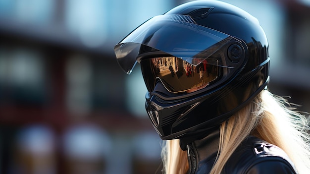 Foto jovem motociclista de capacete preto em close-up da cidade
