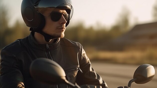 Jovem motociclista se divertindo dirigindo a rodovia vazia em uma viagem de motocicleta