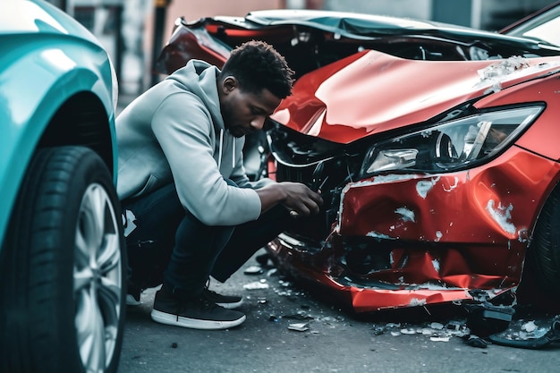 Foto jovem motorista negro em acidente de carro e segurando a cabeça perto de um carro quebrado na estrada após um acidente de carro acidente de carro na rua danificou carros após colisão violação das regras de trânsito