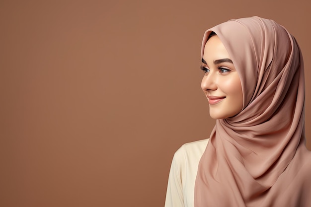 Jovem muçulmana com hijab com espaço de cópia