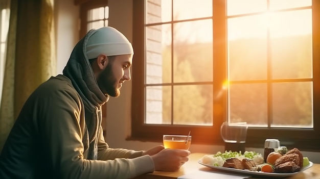 Jovem muçulmano a comer tâmaras