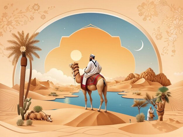Foto jovem muçulmano cavalgando com um camelo no deserto feliz ano novo islâmico ilustração vetorial plana isolada