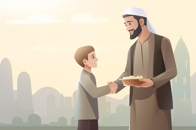 Foto jovem muçulmano dando comida a uma pessoa necessitada, dando o conceito de caridade de doação zakat